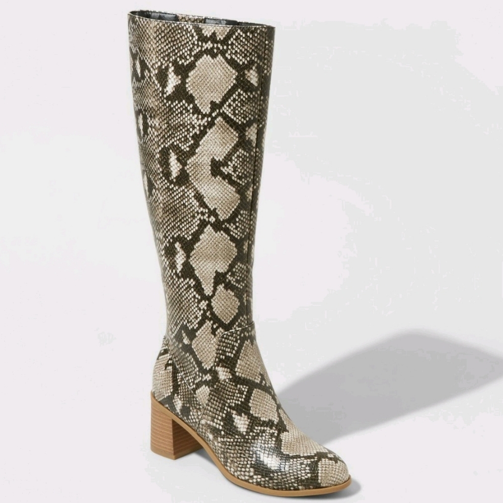 Marlee Snake Print Knee High Heeled Fashion Boots - Picture 1 of 3